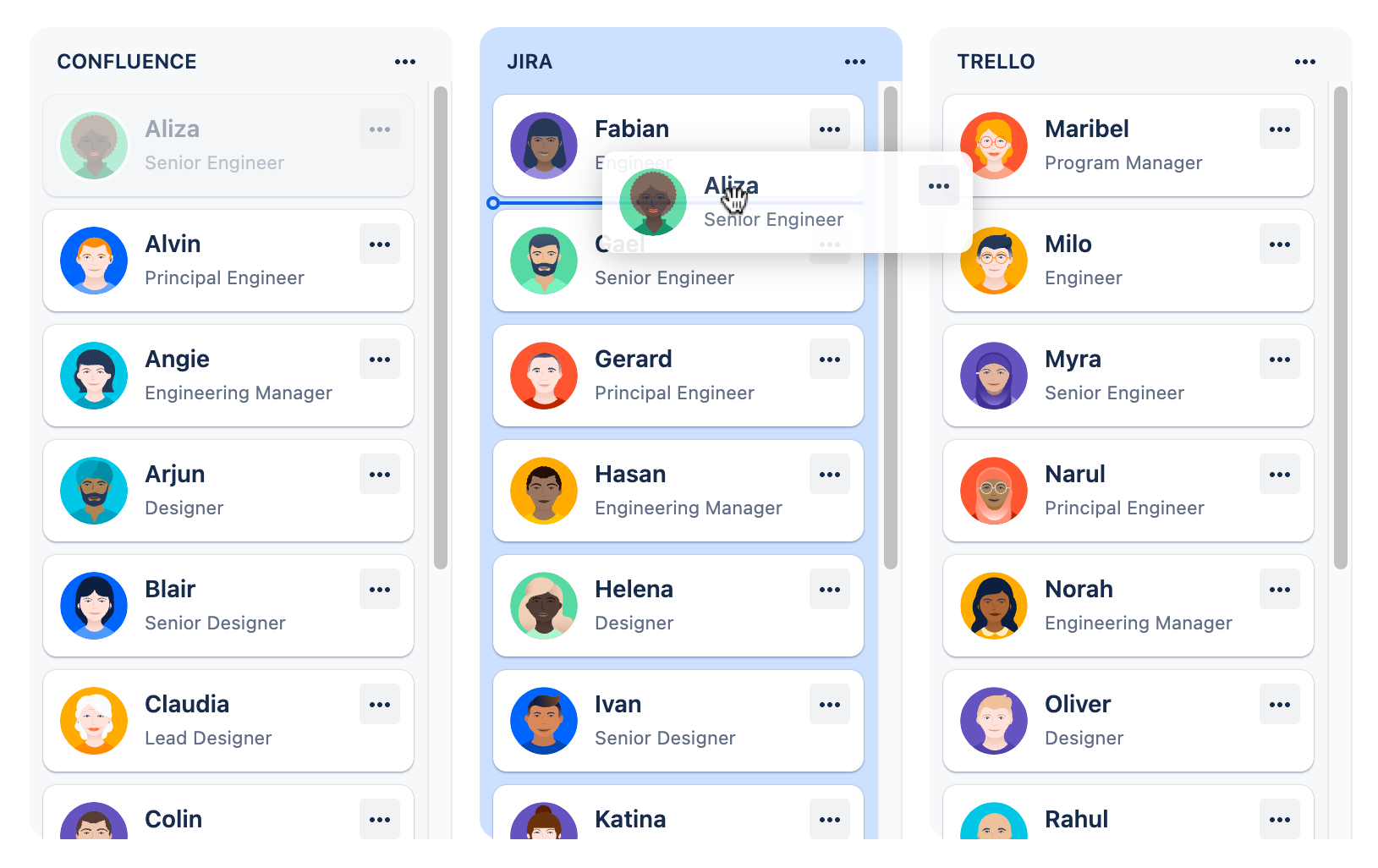 dragging over a populated column, where a line and background color change is being displayed