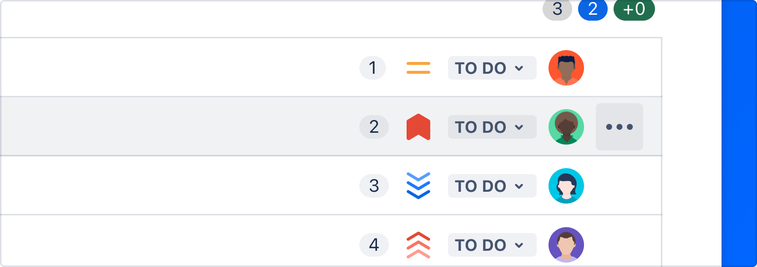 A Jira issue list view where a more actions button appears on the items. The button has three dots as a label ...
