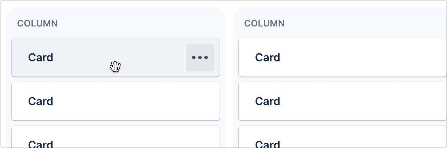 A board of cards that can be dragged between columns. The cursor shows a hand grabbing a card where the background-color changes on hover.