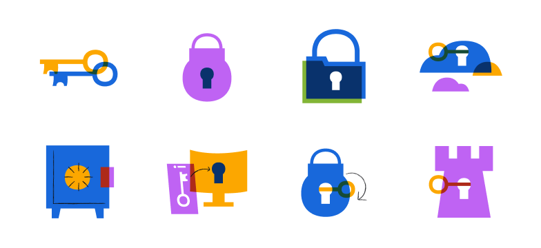 Eight spot illustration variants all depicting a single concept — security and access — including keys, padlocks, a safe, and a tower