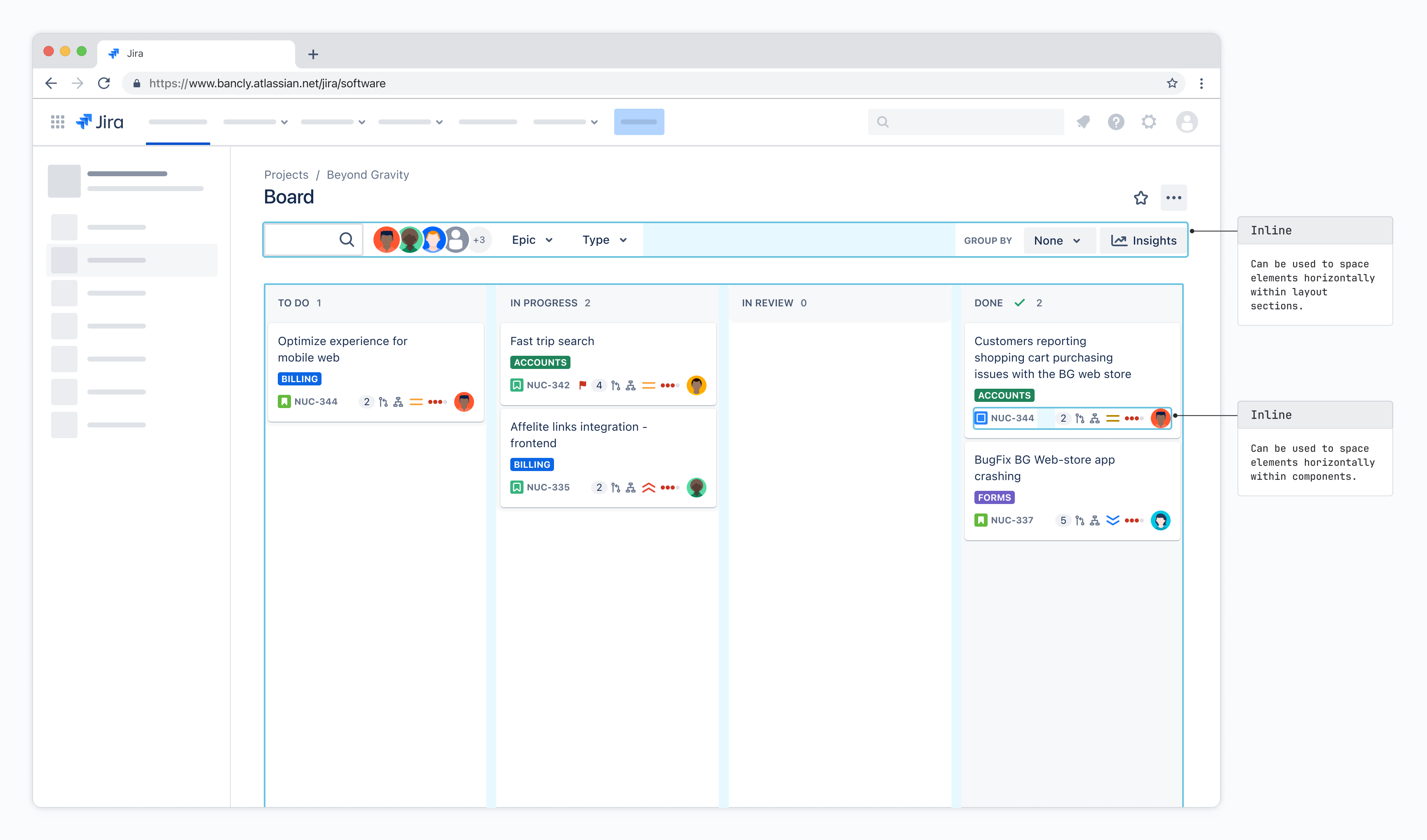 Screenshot of a typical Jira board with swimlanes. Various areas are highlighted as examples of how Inline containers are used for layout