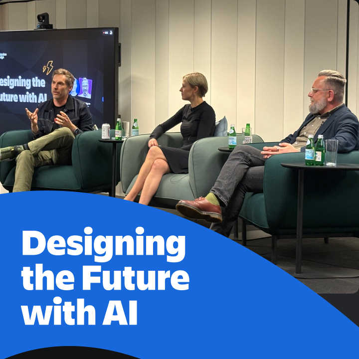 Three presenters participate in a fireside chat. A caption says "Designing the future of AI"