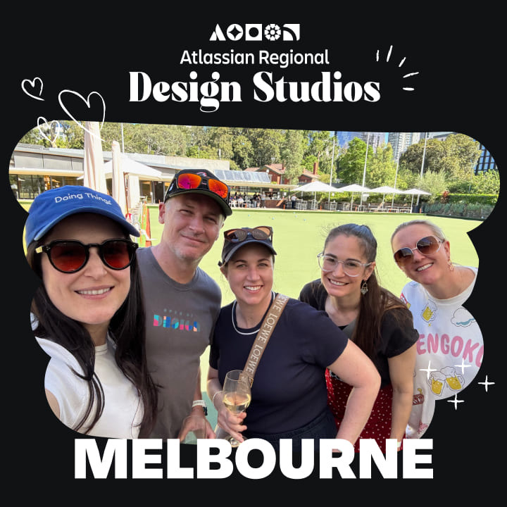 Five attendees taking a group photo at an event. A caption says "Atlassian Regional Design Studios - Melbourne."